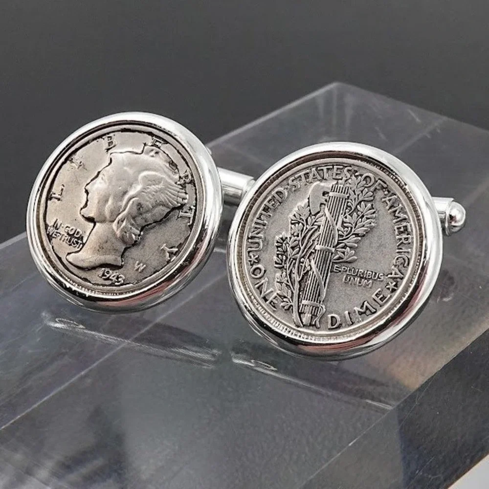 Brooks Brothers 1943 Mercury Dime Medallion Cufflinks Silver Tone Mens Jewelry
